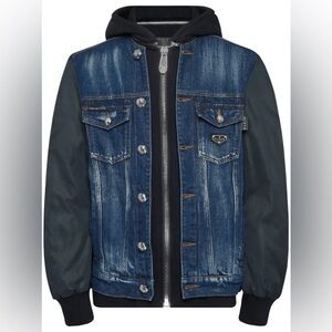 Philipp Plein Blue Denim and Black Bomber Jacket